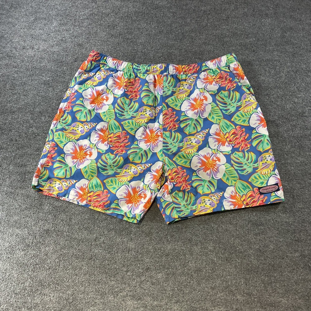 Vineyard Vines Mens XXL Swim Trunks Blue Tropical Floral Hibiscus Shells Lined